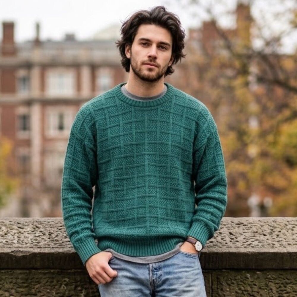 VTG Eddie Bauer Crewneck Sweater Mens Size M Hunter Green Fisherman Chunky Knit